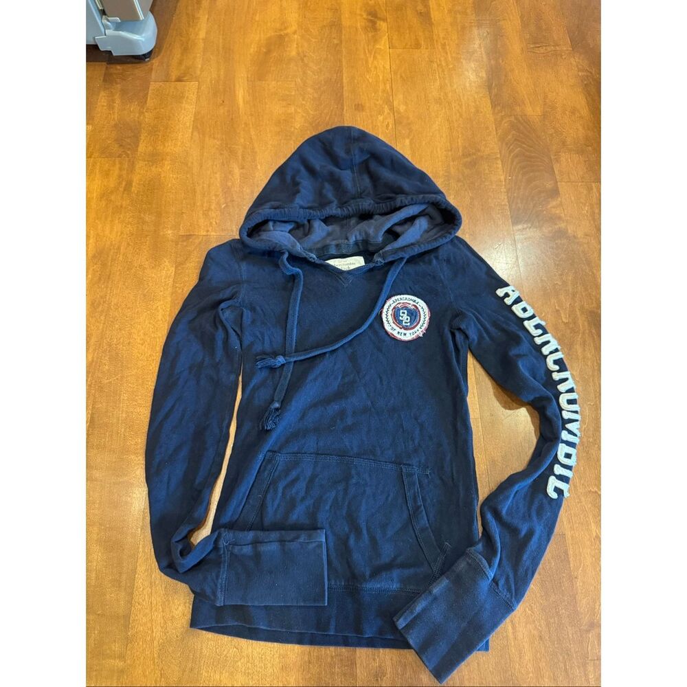 Y2K Abercrombie & Fitch Hoodie Womens XS Navy Spellout Sleeve Baby Hoodie Crest